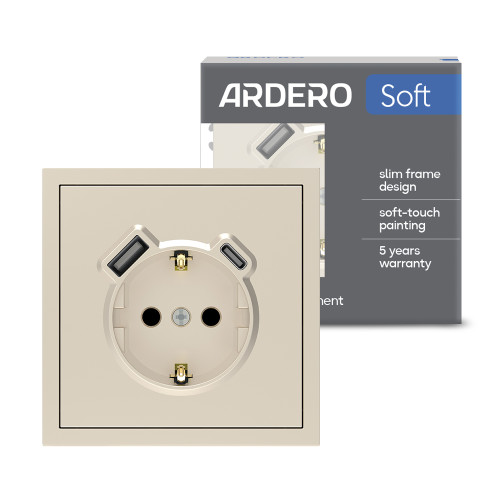 Розетка с дополнительными выходами USB/Type-C Ardero ER123USB-C Soft 18/20Вт c заземлением шампань