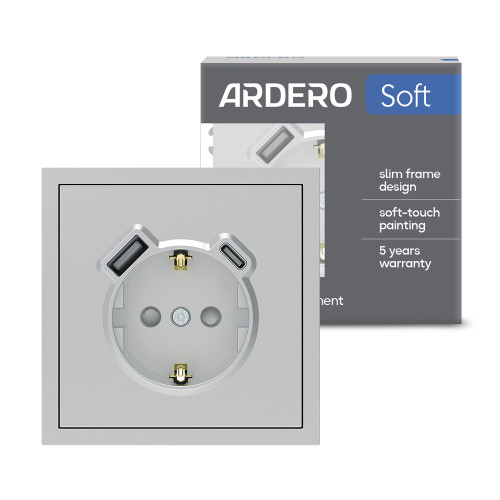 Розетка с дополнительными выходами USB/Type-C Ardero ER123USB-S Soft 18/20Вт c заземлением серебряная