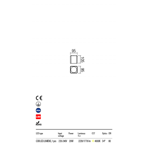 Потолочний світильник XIA PL LED COB 20W IP54 DG 4000K(SQ) (5.1.2) Redo 90032