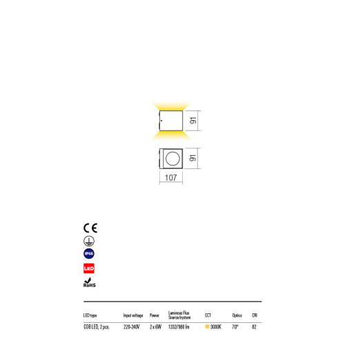 Бра вуличне TEKO AP LED COB 2X6W IP65 DG 3000K(5.1.2) Redo 90101