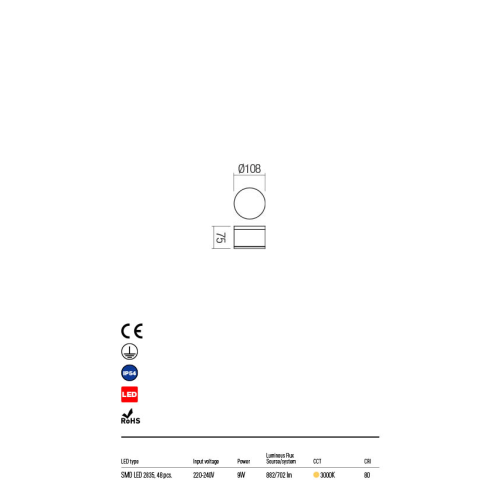 Стельовий світильник AKRON PL LED SMD 9W IP54 DG 3000K (Ro)(5.1.2) Redo 90107