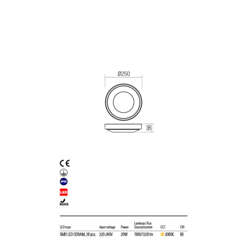 Потолочний світильник OSIRIS PL LED SMD 20W IP65 WH 3000K(5.1.2) Redo 90118