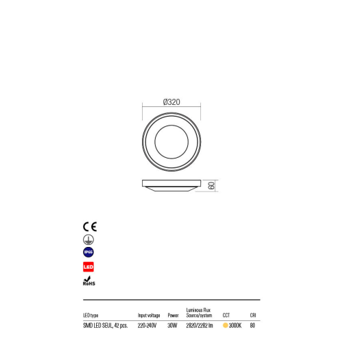 Потолочний світильник OSIRIS PL LED SMD 30W IP65 WH 3000K(5.1.2) Redo 90120