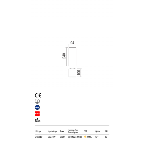 Бра вуличне TAV AP LED COB 2X6W IP54 DG 3000K (5.1.2) Redo 9562