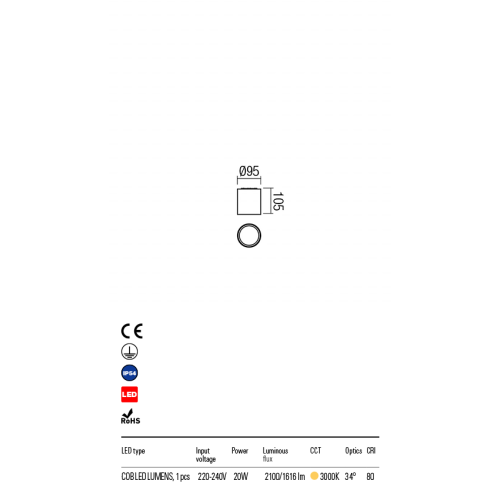 Потолочний світильник XIA PL LED COB 20W IP54 DG 3000K (RO) (5.1.2) Redo 9581