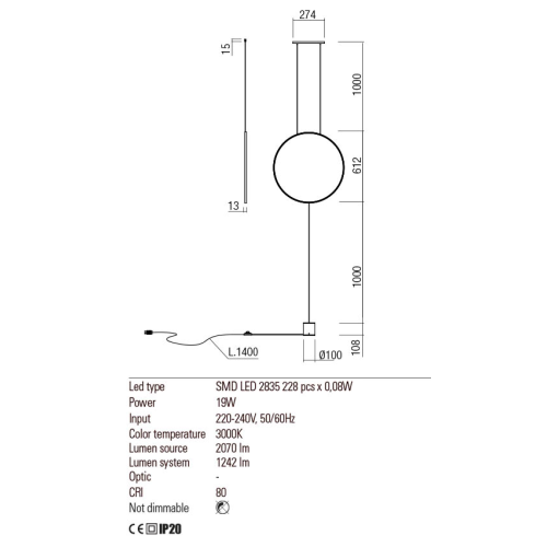 Люстра/торшер Redo SLICK SU/LAMP RD LED 19W 3000K GD (4.1.2) 01-2196