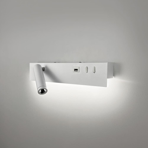 Белое бра с поворотным спотом слева + разъем USB | Line F | Арт. WJ028/2 R WT (правий) + USB-A 