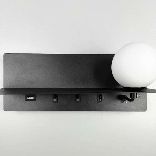 Видовжене чорне бра з плафоном, поличкою та USB 30х13 см | Line F | Арт. WB028/300 BK 