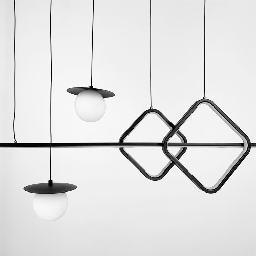 Удлиненная черная LED люстра с 2 светодиодными ромбами и 2 плафона 120 см | Line F | Арт. MJ116-1200 BK 