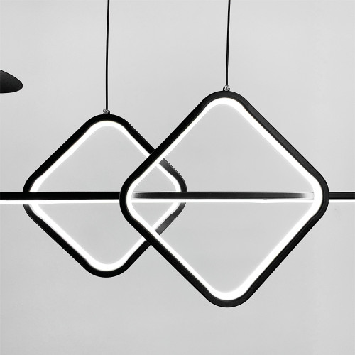 Удлиненная черная LED люстра с 2 светодиодными ромбами и 2 плафона 120 см | Line F | Арт. MJ116-1200 BK 