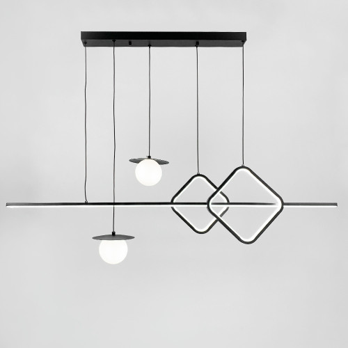 Удлиненная черная LED люстра с 2 светодиодными ромбами и 2 плафона 120 см | Line F | Арт. MJ116-1200 BK 