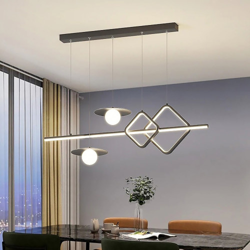 Удлиненная черная LED люстра с 2 светодиодными ромбами и 2 плафона 120 см | Line F | Арт. MJ116-1200 BK 