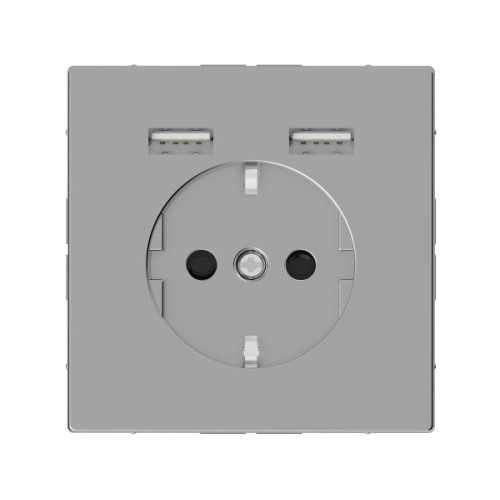 Розетка силова 2К+З, 16А, з USB 2.4A, тип А+А, гвинт.затиск, шторки, Нержавіюча сталь, пластик, D-Life Merten MTN2366-6036