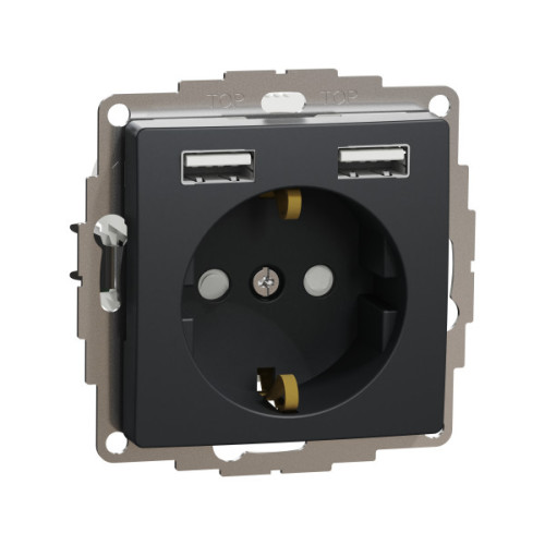 Розетка силова з заземленням + USB A+A, 2.4A, зі шторками, Чорний, Sedna Design SDD114052