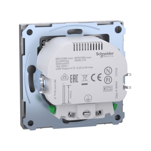 Розетка силова 2К+З, 16А, з USB 2.4A, тип А+А, гвинт.затиск, шторки, Нержавіюча сталь, пластик, D-Life Merten MTN2366-6036