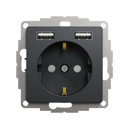 Розетка силова з заземленням + USB A+A, 2.4A, зі шторками, Чорний, Sedna Design SDD114052