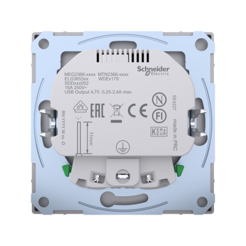 Розетка силова 2К+З, 16А, з USB 2.4A, тип А+А, гвинт.затиск, шторки, Нержавіюча сталь, пластик, D-Life Merten MTN2366-6036