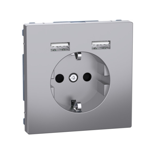 Розетка силова 2К+З, 16А, з USB 2.4A, тип А+А, гвинт.затиск, шторки, Нержавіюча сталь, пластик, D-Life Merten MTN2366-6036