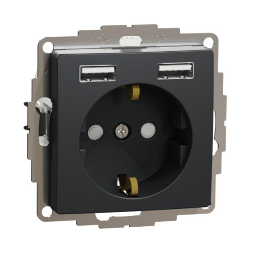 Розетка силова з заземленням + USB A+A, 2.4A, зі шторками, Чорний, Sedna Design SDD114052