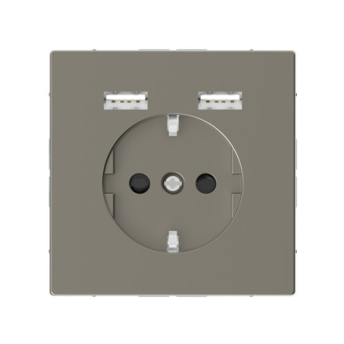 Розетка силова 2К+З, 16А, з USB 2.4A, тип А+А, гвинт.затиск, шторки, Нікель, метал, D-Life Merten MTN2366-6050