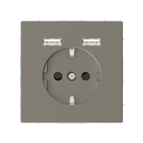 Розетка силова 2К+З, 16А, з USB 2.4A, тип А+А, гвинт.затиск, шторки, Нікель, метал, D-Life Merten MTN2366-6050