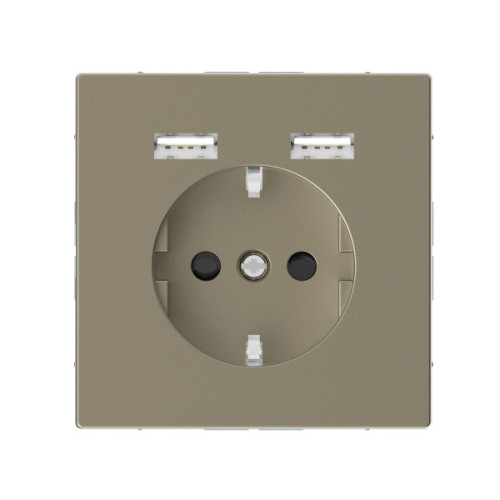 Розетка силова 2К+З, 16А, з USB 2.4A, тип А+А, гвинт.затиск, шторки, Сахара, пластик, D-Life Merten MTN2366-6033