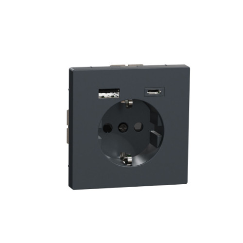 Розетка силова 2К+З, 16А, з USB 3A, тип А+C, гвинт.затиск, шторки, Антрацит, пластик, D-Life Merten MTN2367-6034