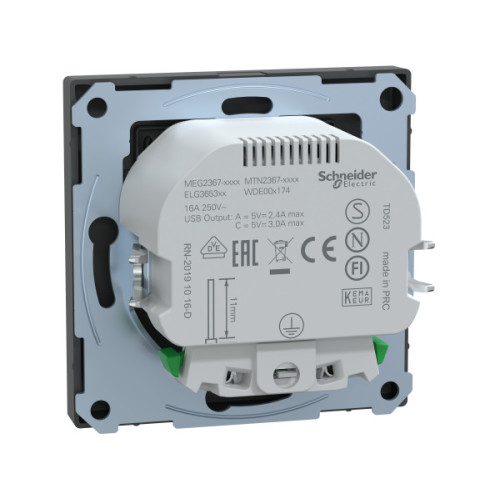 Розетка силова 2К+З, 16А, з USB 3A, тип А+C, гвинт.затиск, шторки, Антрацит, пластик, D-Life Merten MTN2367-6034