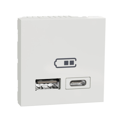 Розетка USB 2.0 зарядна подвійна, 2.4А, A+C, 2 модуля, білий, Unica NEW NU301818