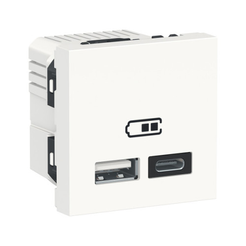 Розетка USB 2.0 зарядна подвійна, 2.4А, A+C, 2 модуля, білий, Unica NEW NU301818