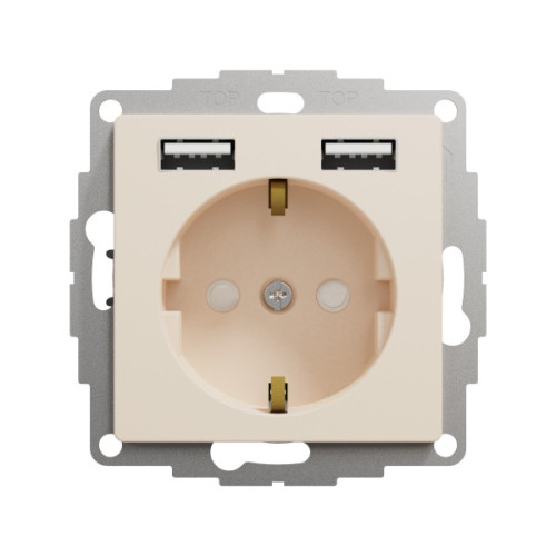 Розетка силова з заземленням + USB A+A, 2.4A, зі шторками, Бежевий, Sedna Design SDD112052