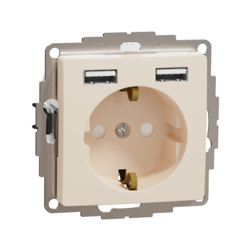Розетка силова з заземленням + USB A+A, 2.4A, зі шторками, Бежевий, Sedna Design SDD112052