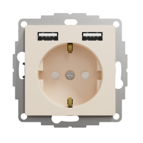 Розетка силова з заземленням + USB A+A, 2.4A, зі шторками, Бежевий, Sedna Design SDD112052