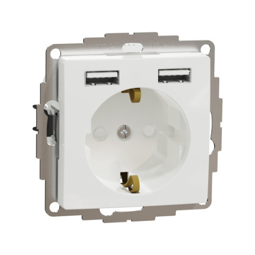 Розетка силова з заземленням + USB A+A, 2.4A, зі шторками, Білий, Sedna Design SDD111052