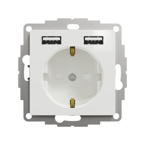 Розетка силова з заземленням + USB A+A, 2.4A, зі шторками, Білий, Sedna Design SDD111052