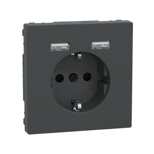 Розетка силова 2К+З, 16А, з USB 2.4A, тип А+А, гвинт.затиск, шторки, Антрацит, пластик, D-Life Merten MTN2366-6034