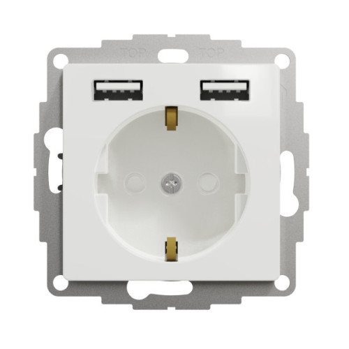 Розетка силова з заземленням + USB A+A, 2.4A, зі шторками, Білий, Sedna Design SDD111052